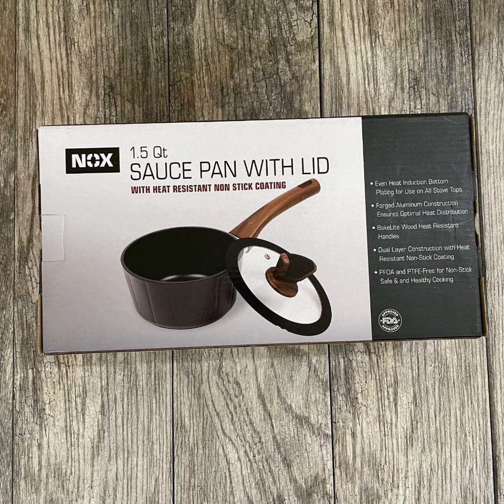 NEW NOX 1.5 Qt Sauce Pan with Lid Non Stick Coating Wooden Handle FDA Approved